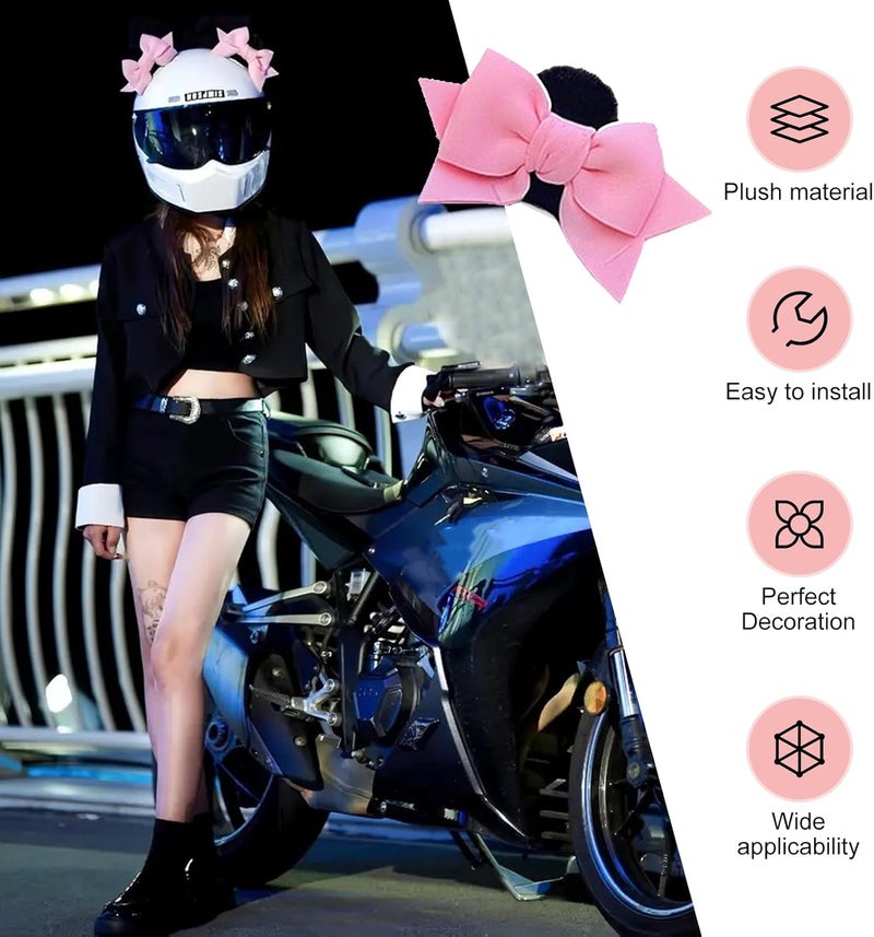 SLIMI 2 PCS Bow Helmet Decoration, Cute Plush Cat Ears Bow Helmet Decor, Self-Adhesive Motorcycle Helmet Accessories for Women (Pink) - Image 3